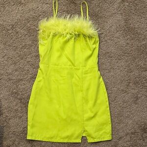 Stella Dallas Bright Chartreuse Feathered Mini Dress